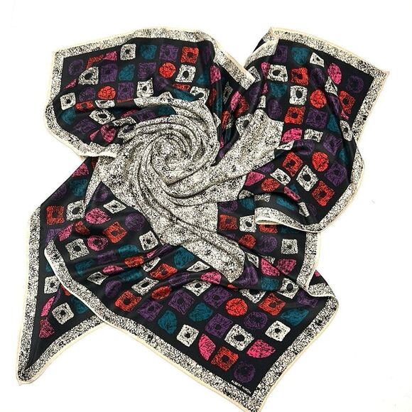 Albert Nipon Silk Square Scarf Abstract White Black Multicolor Geometric Trim - Picture 1 of 9